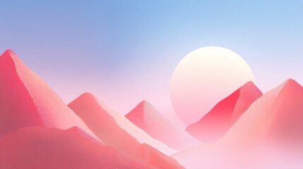 A serene vista of pastel mountains under a bright sun in a sky with gradients