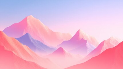 A stylized digital landscape featuring pastel pink and purple mountains shrouded in a soft, hazy mist under a pale sky