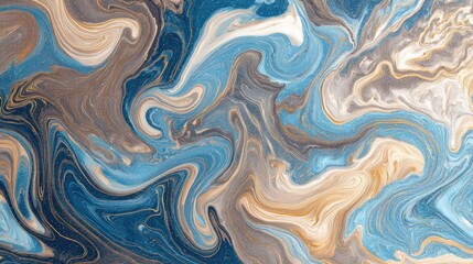 Abstract swirling pattern of blue, beige, and grey paint with gold highlights, creating a fluid, dynamic composition