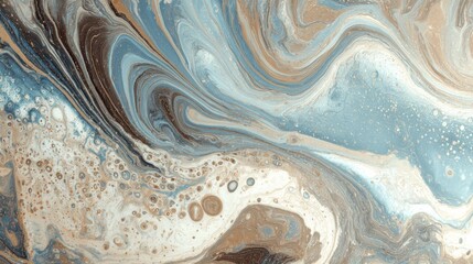 An abstract artwork featuring swirling, fluid patterns in muted blues, browns, and creams.  Metallic flecks add subtle shimmer to the flowing, marbled effect