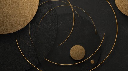 Abstract black surface with overlaid golden circles, some opaque, some outlines