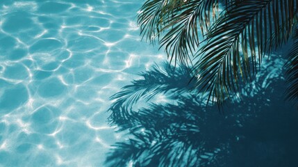Turquoise water ripples reflect sunlight with palm fronds casting shadow overhead