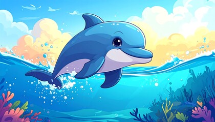 Obraz premium Playful dolphin leaps from ocean waves near coral