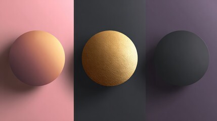 Three metallic spheres, rose gold, gold, and black, rest on subtly contrasting color backdrops, creating a minimalist, elegant aesthetic