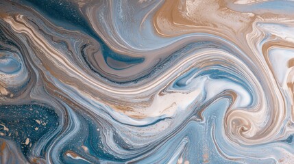 Abstract swirling fluid art in cool blues, beige, and gold accents.  The image features a dynamic, flowing pattern with subtle metallic flecks