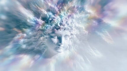 Serene bust of a classical figure, enveloped in a vibrant, ethereal aura of pastel colors and dynamic motion blur, creating a sense of otherworldly energy and divine presence