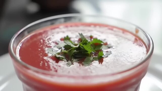 Tomato soup in glass bowl