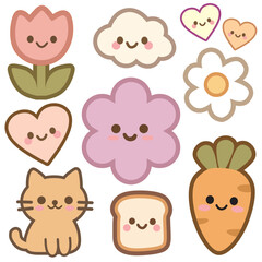 Set of flowers, bread, cat and vegetables