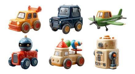 Fototapeta premium Colorful Toy Vehicles Collection on Transparent Background for Illustrations