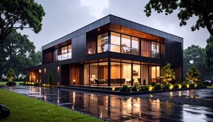 Modern House Exterior with Reflection with Rain, and Luxury Property.