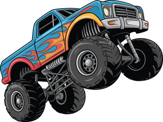 Colorful monster truck illustration with flame graphics, oversized tires, lifted suspension, perfect for automotive art, racing events, or kids' designs. © Akhi's orld