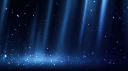 Dark blue background with vertical light beams and glowing particles on the ground, creating a mystical and atmospheric scene