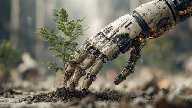 Robotic hand planting a young tree in a natural environment