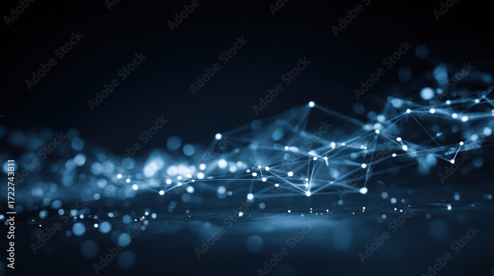 Wall mural abstract network of connected points and lines with depth of field, blue hue