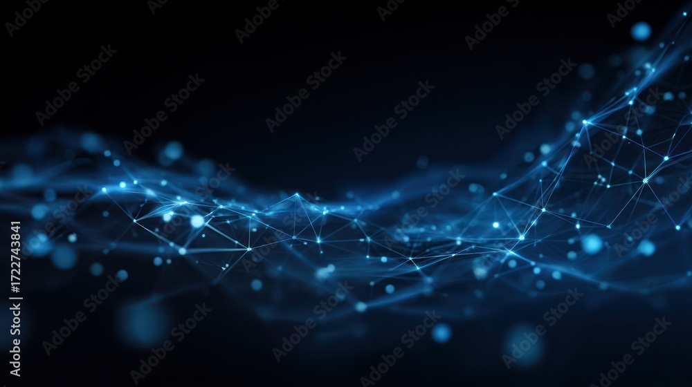 Wall mural abstract network with interconnected nodes forming a wave against dark background