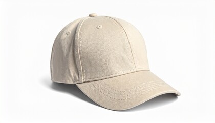 Fototapeta premium Beige baseball cap with curved brim, soft fabric texture, visible stitching and ventilation eyelets, isolated on white background, ideal for casual fashion, outdoor wear, and product display.