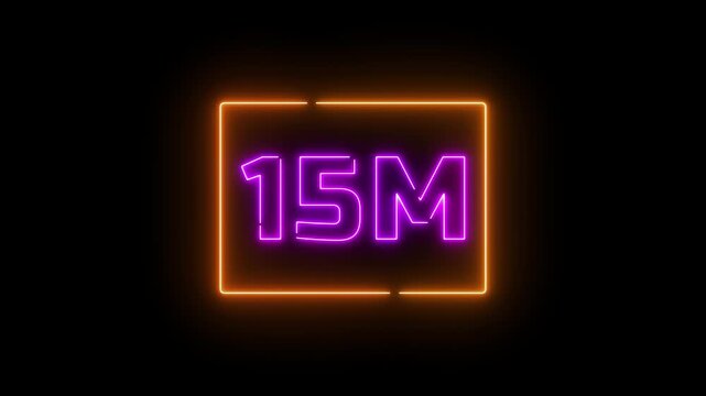 Neon a yellow design with the text "15M FOLLOWERS." The letters are stylized and illuminated, conveying a celebratory tone.Glowing neon text illuminating 15m in a rectangle against a black background.