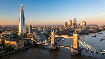 Naklejka premium London at sunrise, showcasing a vibrant cityscape with a clear blue sky.