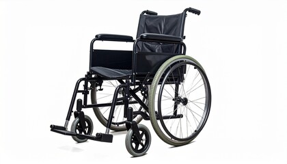 Standard manual wheelchair with large rear wheels, hand rims, front casters, metal frame, fabric seat, armrests, and footrests, isolated on white background, symbolizing mobility and accessibility.