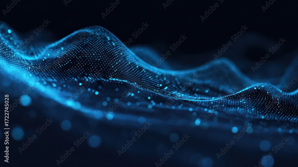 Wall mural abstract digital rendering of undulating, luminous blue particles on a dark background, evoking a se