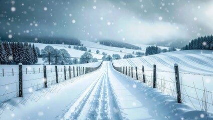 Fototapeta premium Snowy Road Through Winter Fields with Fences and Distant Trees U