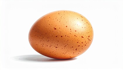 Single brown chicken egg with smooth oval shell, speckled surface, isolated on white background, showcasing natural texture, organic food detail, and simplicity in product photography.