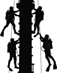 silhouette scuba divers industrial underwater workers climbing structure with ropes safety gear flippers oxygen tanks teamwork marine construction offshore engineering repair inspection