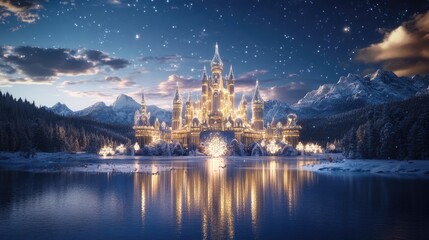 Obraz premium Illuminated Winter Castle Reflecting in Lake Under Starry Night Sky