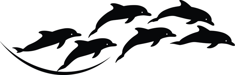 Silhouette vector illustration of dolphins swimming and jumping in group, marine animals, ocean wildlife design, aquatic mammals, sea life nature artwork