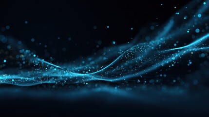 Abstract fluid lines of blue and gold shimmer, with bokeh on a black background