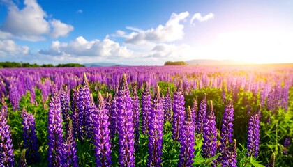 Beautiful Purple Lupine Field Under Sunny Sky.