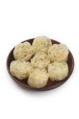 Fresh Lotus Root Slices in Wooden Bowl on White Background - Asian Cooking Ingredient
