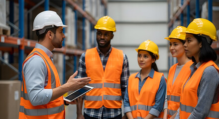 Warehouse Team Meeting Diverse Workers Safety Training Logistics Management Industrial Teamwork Collaboration Supply Chain Operations Manager Employee Meeting Productivity Efficiency