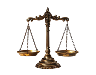 Ornate bronze scales of justice on black background