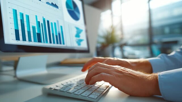 Marketing analysis of customer behavior data. Graphs of statistical web analytics and predictive financial analytics on dashboard. Analyst using laptop computer to analyze data