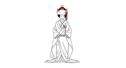 Illustration of a traditional Japanese bride in a white kimono, adorned with elaborate headwear and accessories, representing a solemn cultural ceremony and marital union