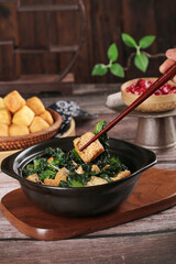 Asian Tofu Spinach Stir-Fry with Chopsticks Healthy Vegetarian Dish
