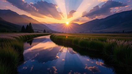 Sunburst Over Mountain Valley Reflected in Calm River at Dusk