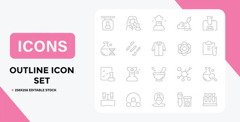 Science and Research Outline Icon Set for Lab Equipment and Scientists