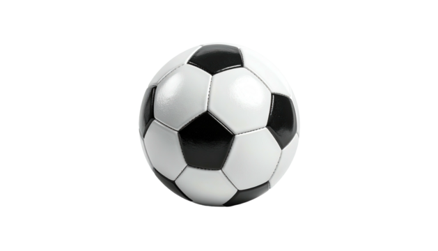 Black and white soccer ball, perfectly round, against a black background