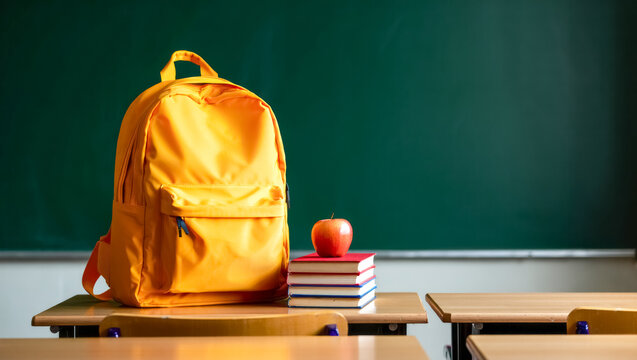 Yellow backpack sits on a desk with a red apple and a stack of books