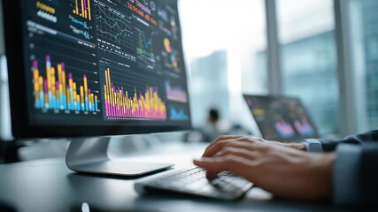 Marketing analysis of customer behavior data. Graphs of statistical web analytics and predictive financial analytics on dashboard. Analyst using laptop computer to analyze data