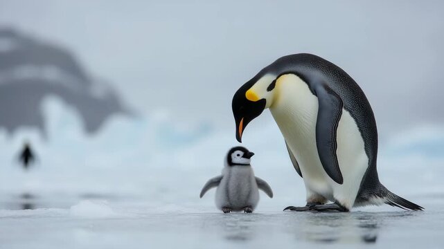 Emperor penguin with baby on icy land 