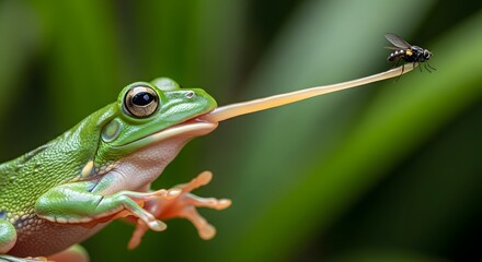 Close-up of a vibrant green frog extending its long tongue to catch a flying insect in lush greenery