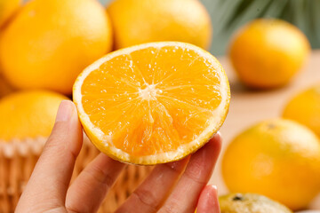 Fresh Jianyang Pomelo Orange Citrus Harvest Scene from Fujian China - Hand Holding Juicy Sweetheart Fruit Half