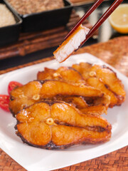 Chinese Smoked Fish with Sweet Sour Sauce Shanghai Style Traditional Cuisine Chopsticks