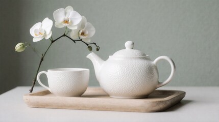 Fototapeta premium Elegant white teapot and cup with orchid on a wooden tray for a relaxing moment.