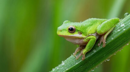 Fototapeta premium Bright green frog on grass