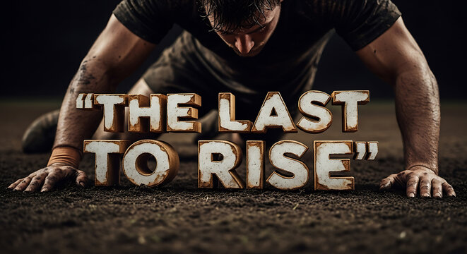 Determined athlete pushing through limits in mud, embodying resilience and strength with the motivational message 'The Last To Rise' for fitness inspiration
