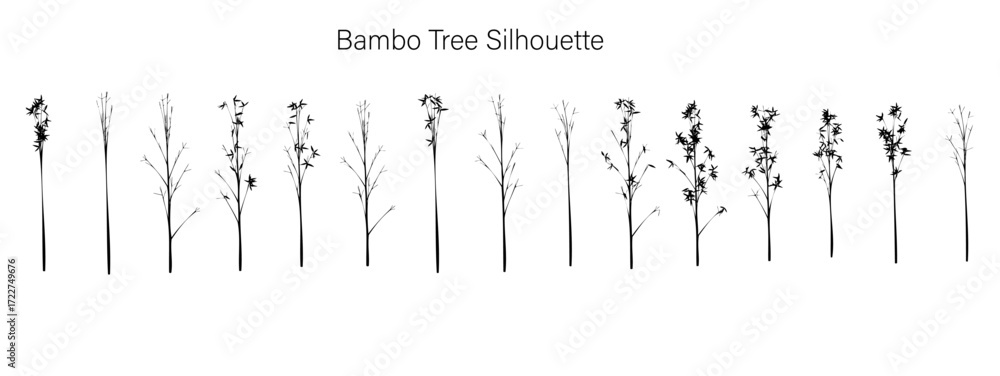 Poster several bamboo stalks with sparse leaves arranged in a row against a white background creating a pat